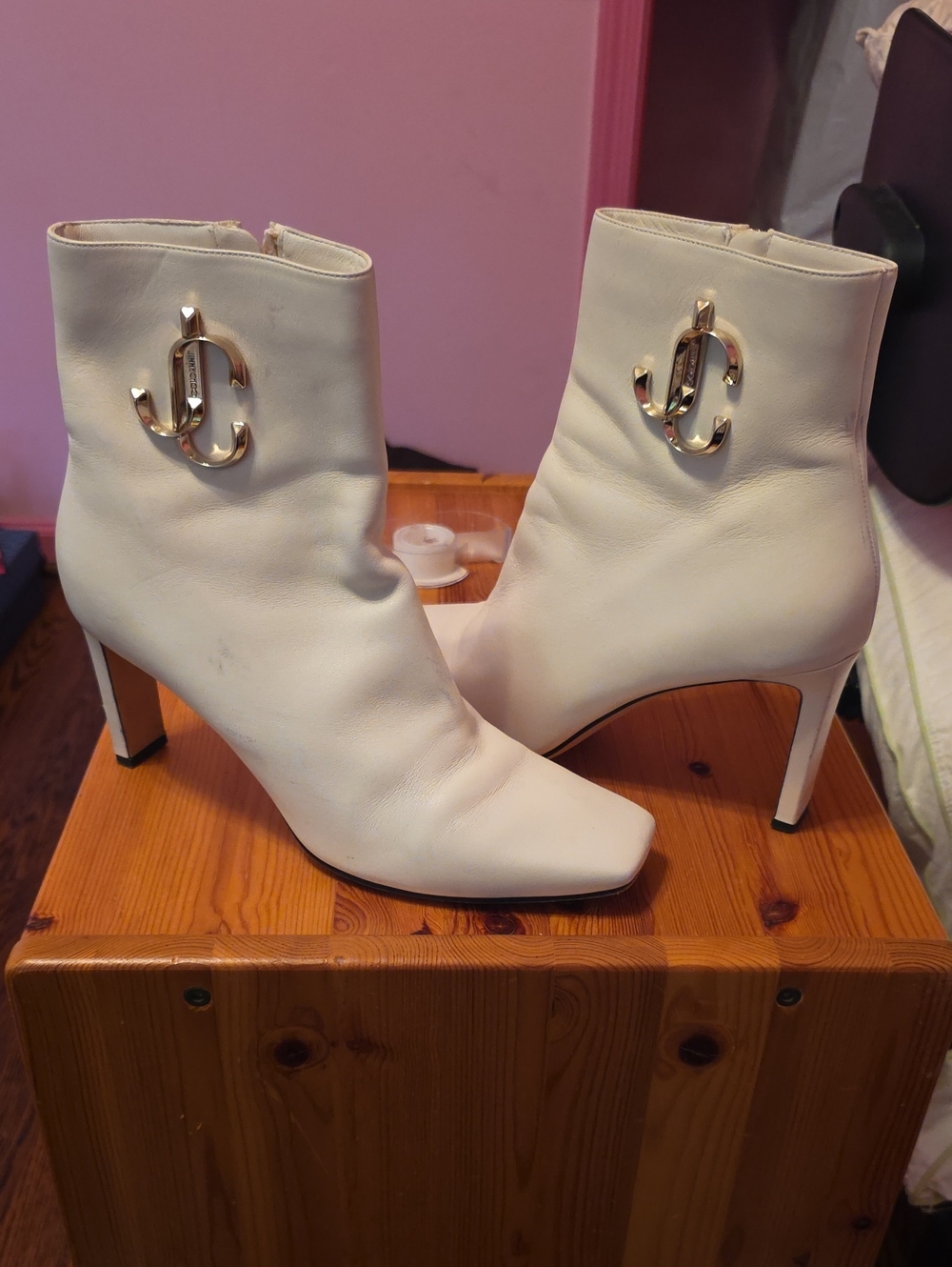 Jimmy Choo White Leather Ankle Boots with Gold Logo